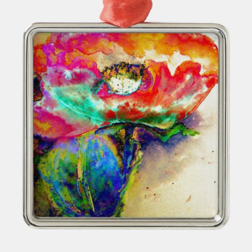 Colorful retro Abstract Poppy watercolor  Metal Ornament