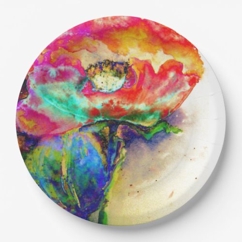 Colorful retro Abstract Poppy watercolor  Paper Plates