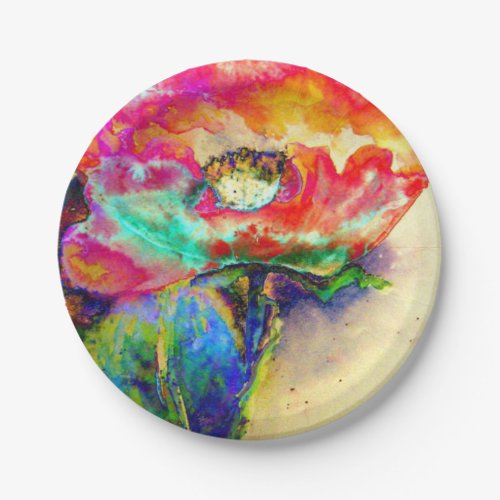 Colorful retro Abstract Poppy watercolor  Paper Plates