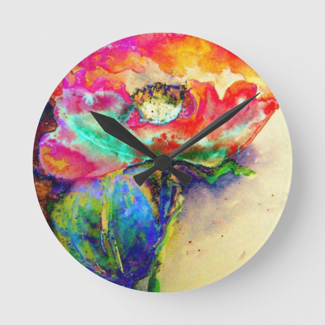 Colorful retro Abstract Poppy watercolor  Round Clock (Front)