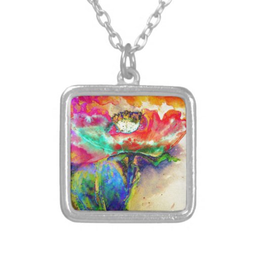 Colorful retro Abstract Poppy watercolor  Silver Plated Necklace