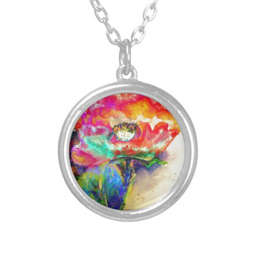 Colorful retro Abstract Poppy watercolor  Silver Plated Necklace