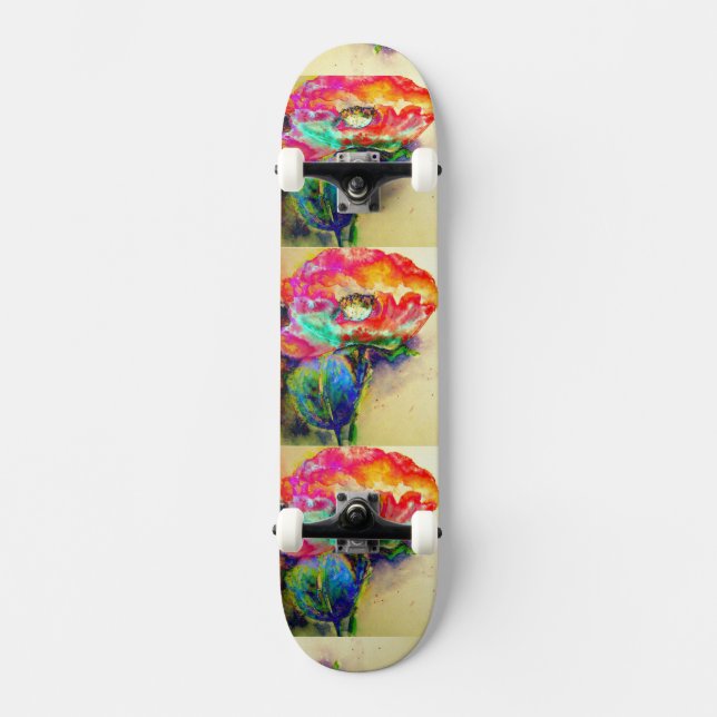 Colorful retro Abstract Poppy watercolor  Skateboard Deck (Front)