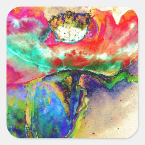 Colorful retro Abstract Poppy watercolor  Square Sticker