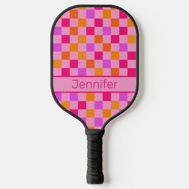 Colorful Retro Aesthetic Checked Pattern Hot Pink Pickleball Paddle (Front)