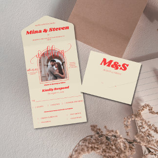 Colorful Retro arch photo wedding All In One Invitation