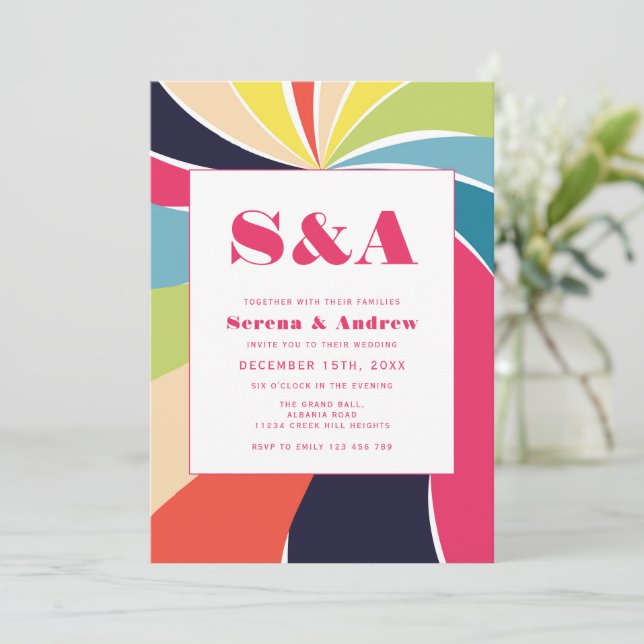 Colorful retro art wedding  invitation (Standing Front)