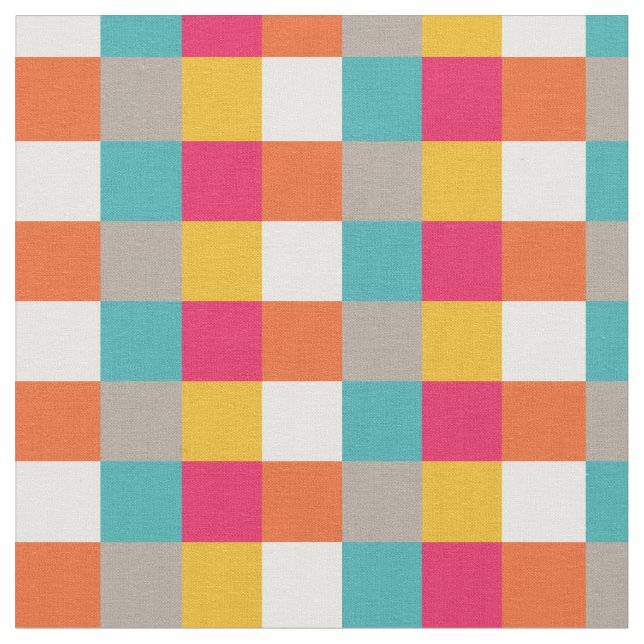 Colorful Retro Aztec Pixel Squares Pattern Fabric (Close Up)
