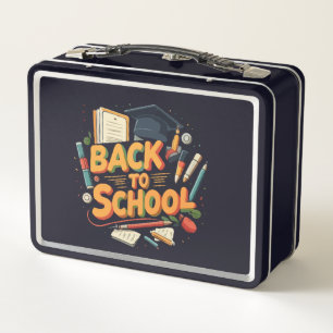Colorful Retro "Back to School" Cartoon Illustrati Metal Lunch Box