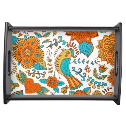 Colorful Retro Bird And Flowers Design Serving Tray