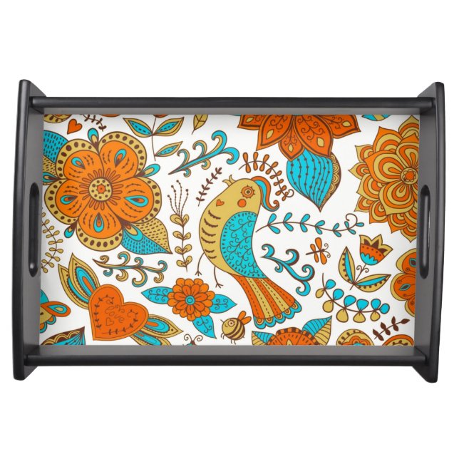 Colorful Retro Bird And Flowers Design Serving Tray (Front)