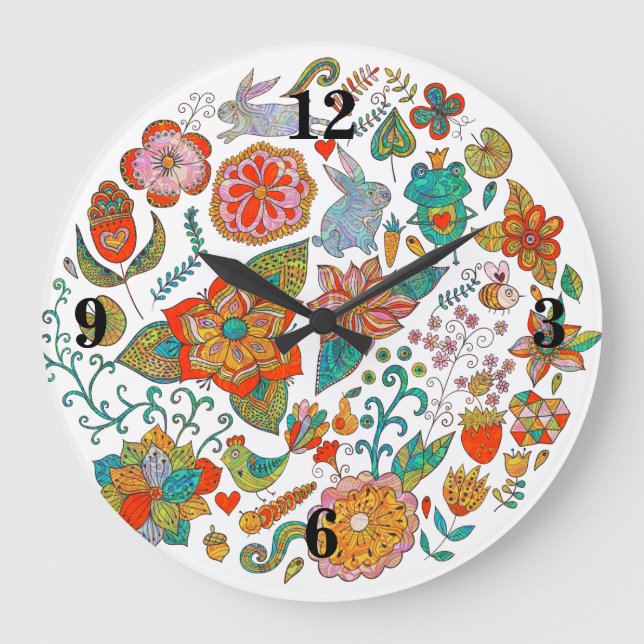 Colorful Retro Birds Flowers & Bunny Rabbits Large Clock (Front)