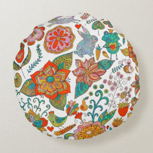 Colorful Retro Birds Flowers & Bunny Rabbits Round Pillow