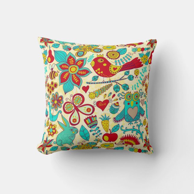 Colorful Retro Birds Flowers & Bunny Rabbits Throw Pillow (Front)