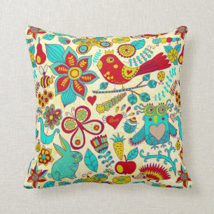 Colorful Retro Birds Flowers & Bunny Rabbits Throw Pillow
