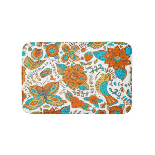 Colorful Retro Birds Flowers & Butterfly's Pattern Bathroom Mat