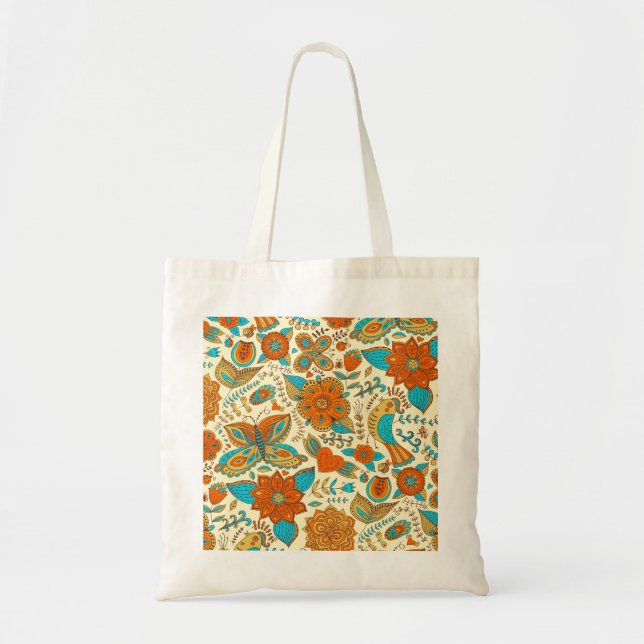 Colorful Retro Birds Flowers & Butterfly's Pattern Tote Bag (Front)