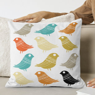 Colorful Retro Birds Mid Century Modern Throw Pillow