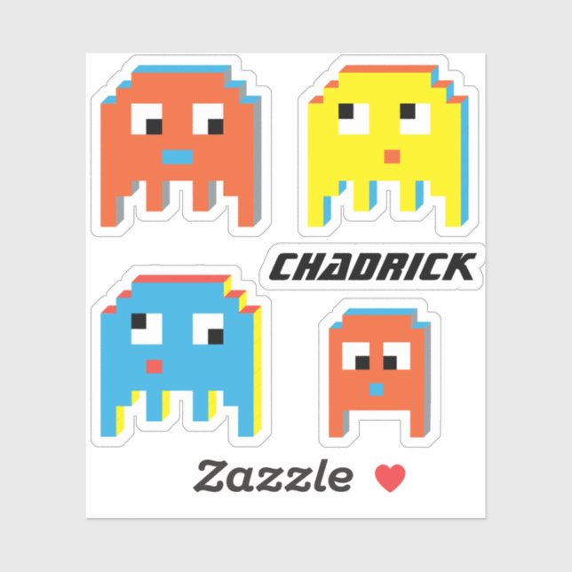 Colorful retro block style gaming aliens and name sticker (Sheet)