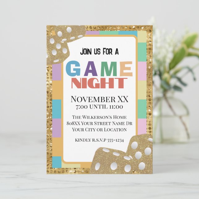 Colorful Retro Board Game Night Gold Dice Invitation (Standing Front)