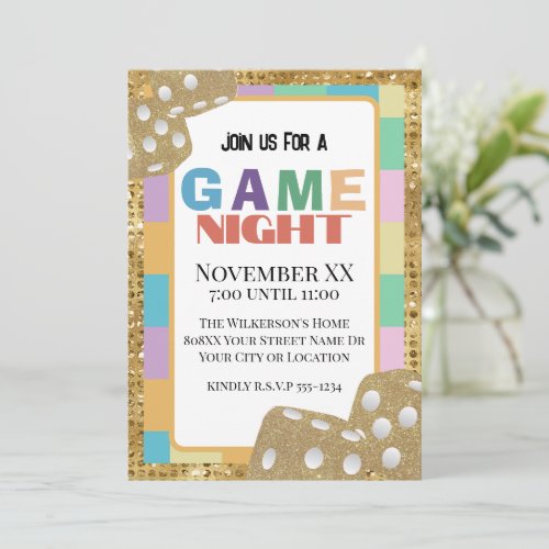 Colorful Retro Board Game Night Gold Dice Invitation