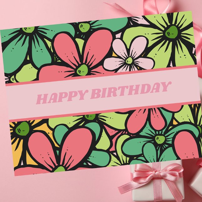 Colorful Retro Boho Floral Happy Birthday Postcard (Creator Uploaded)