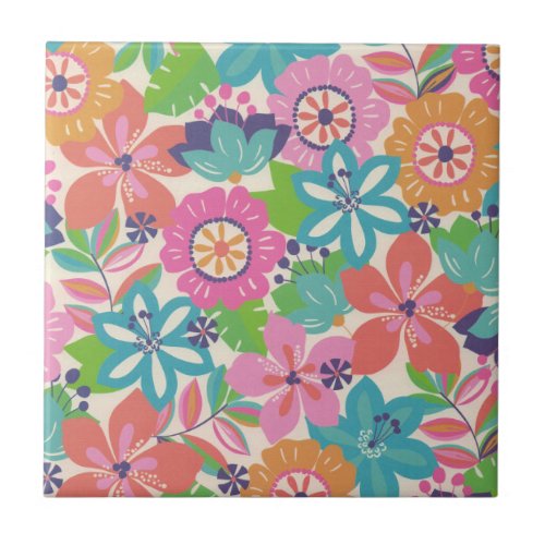 Colorful Retro Boho Girly Flower Hippie  Ceramic Tile