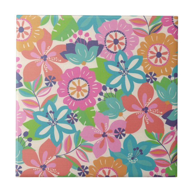 Colorful Retro Boho Girly Flower Hippie  Ceramic Tile (Front)