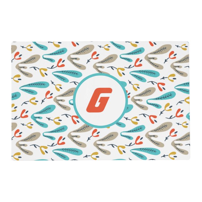Colorful Retro Botanical Leaf Pattern Monogram Placemat (Front)