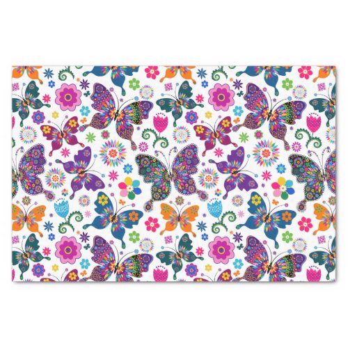 Colorful Retro Butterflies And Flowers Pattern 2 Tissue Paper