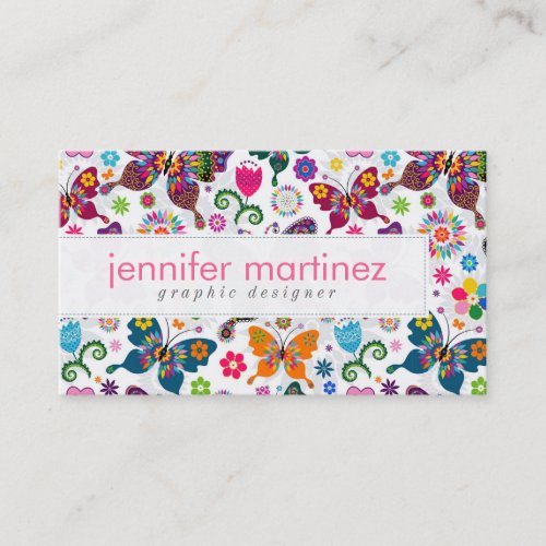 Colorful Retro Butterfly's And Flowers Pattern Business Cards
