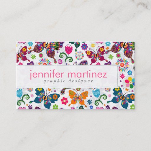 Customizable Colorful Retro Butterfly's And Flowers Pattern Business Cards