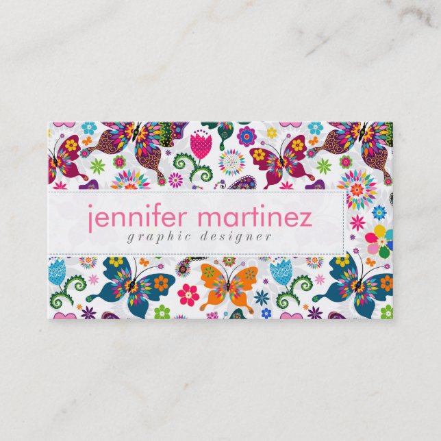 Colorful Retro Butterflies And Flowers Pattern Business Card (Front)