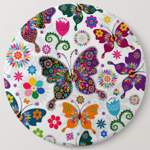 Colorful Retro Butterflies And Flowers Pattern Button