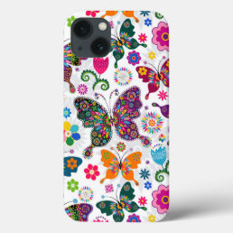Colorful Retro Butterflies And Flowers Pattern iPhone 13 Case