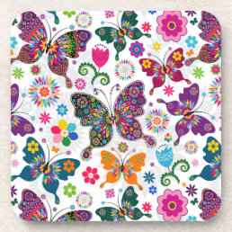 Colorful Retro Butterflies And Flowers Pattern Drink Coaster