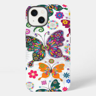 Colorful Retro Butterflies And Flowers Pattern iPhone 13 Case