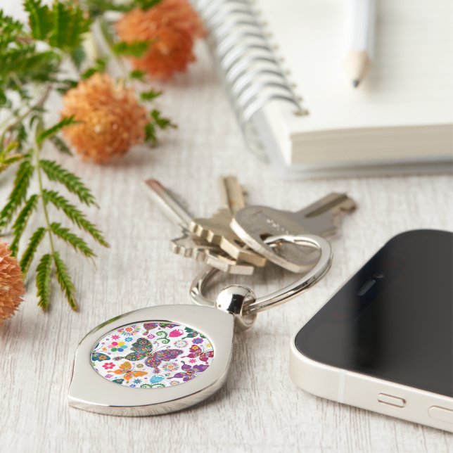 Colorful Retro Butterflies And Flowers Pattern Keychain (Side)