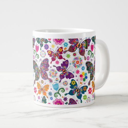 Colorful Retro Butterflies And Flowers Pattern Large Coffee Mug