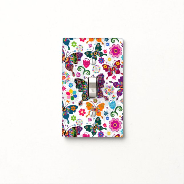 Colorful Retro Butterflies And Flowers Pattern Light Switch Cover (In Situ)