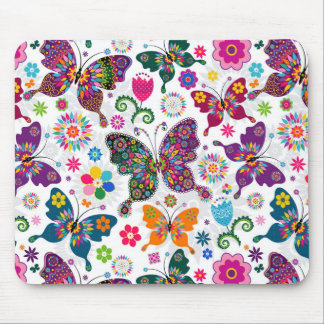 Colorful Retro Butterflies And Flowers Pattern Mouse Pad