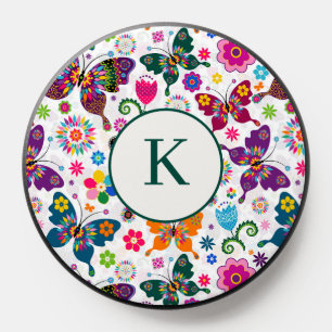 Colorful retro butterflies and flowers pattern PopSocket