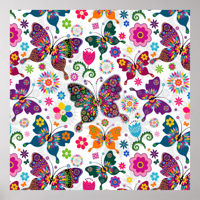 Colorful Retro Butterflies And Flowers Pattern Poster | Zazzle