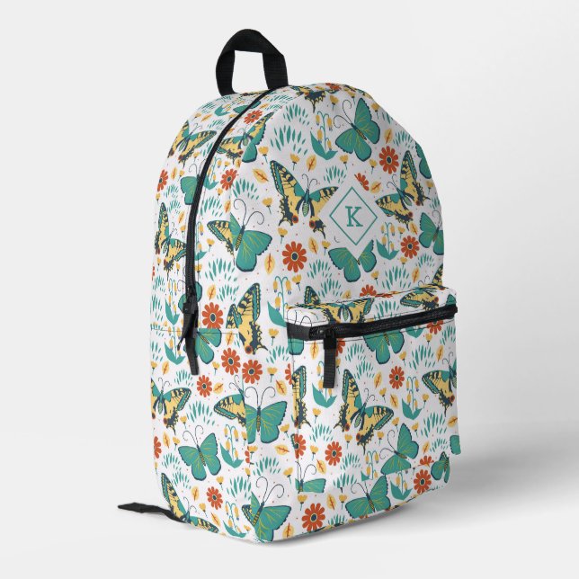 Colorful retro butterflies and flowers pattern printed backpack (Back Corner Left)