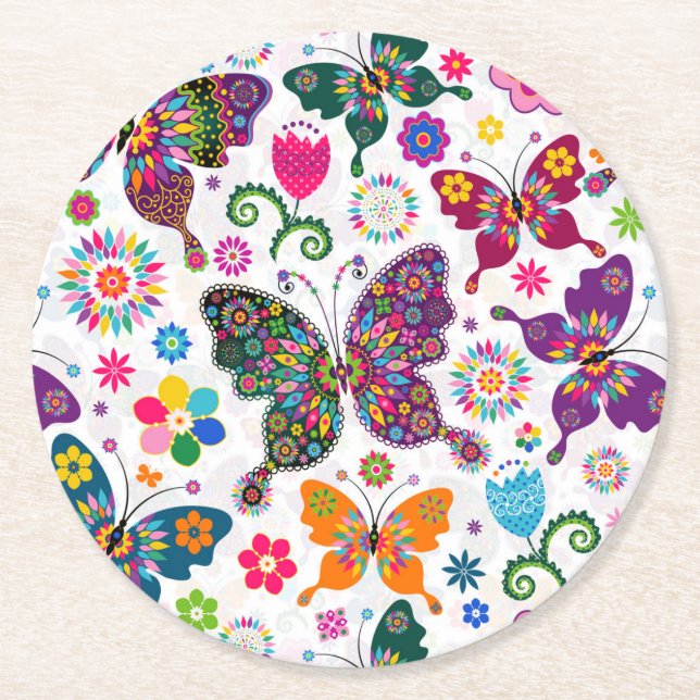 Colorful Retro Butterflies And Flowers Pattern Round Paper Coaster (Front)