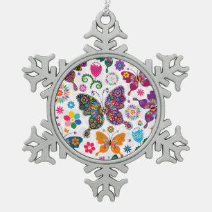 Colorful Retro Butterflies And Flowers Pattern Snowflake Pewter Christmas Ornament