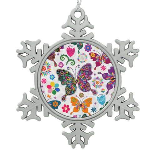 Colorful Retro Butterflies And Flowers Pattern Snowflake Pewter Christmas Ornament