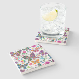 Colorful Retro Butterflies And Flowers Pattern Stone Coaster