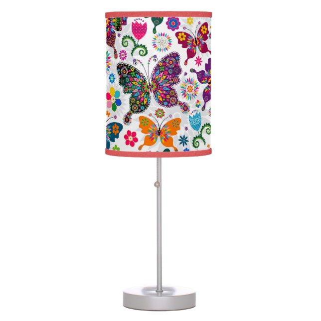 Colorful Retro Butterflies And Flowers Pattern Table Lamp (Front)