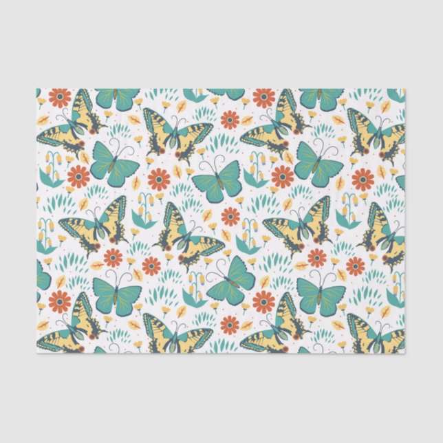 Colorful retro butterflies and flowers pattern tissue paper (Front)